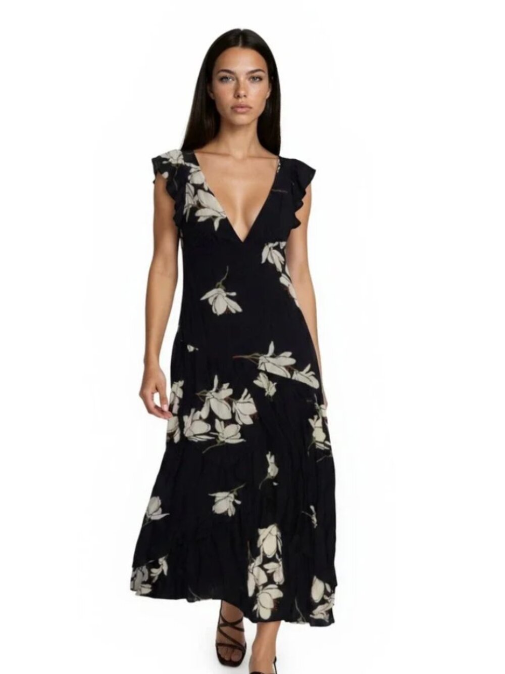 Free People Black Open Back Maxi Dress She is a Waterfall Magnolia Print Boho